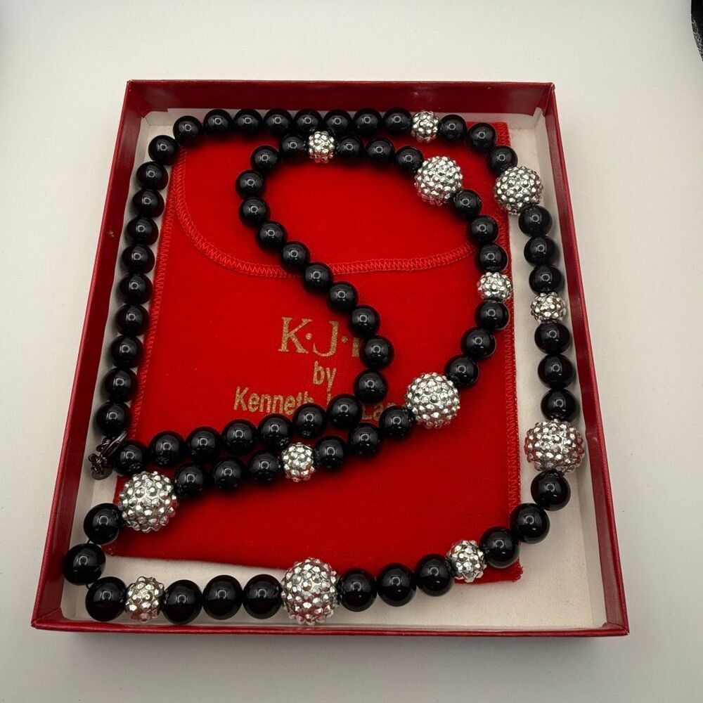 Kenneth Jay Lane Necklace Black Beads Rhinestone Disco Balls Signed 39”  New